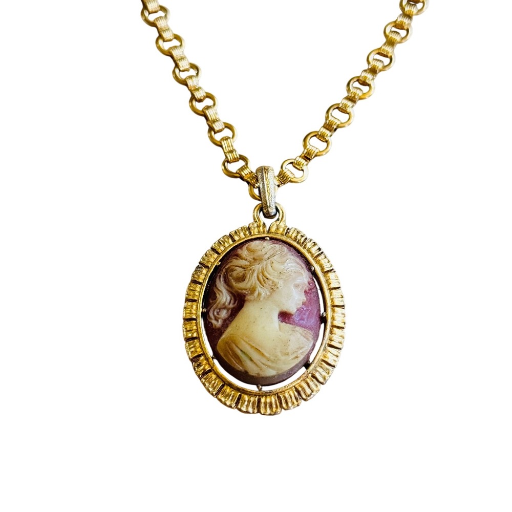 VTG Victorian Style Regal Cameo necklace Book Chain Statement Gold Plated 60s